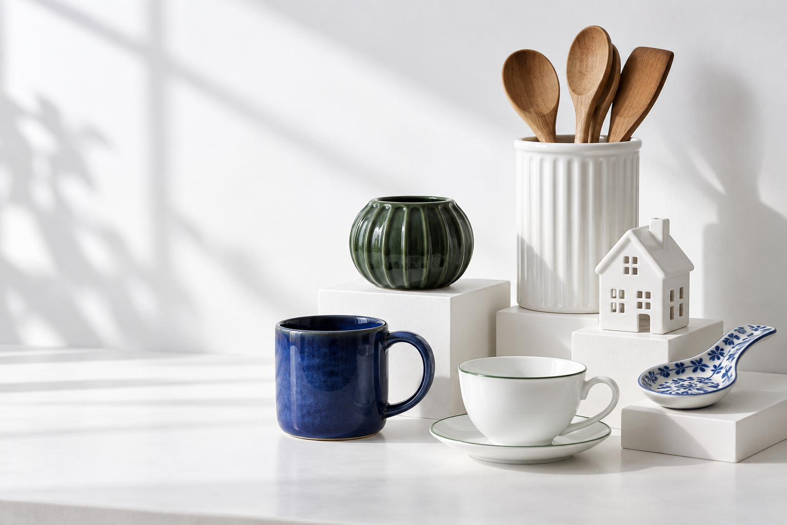 Ceramic mugs, a teacup, a candleholder and kitchen objects in natural sunlight